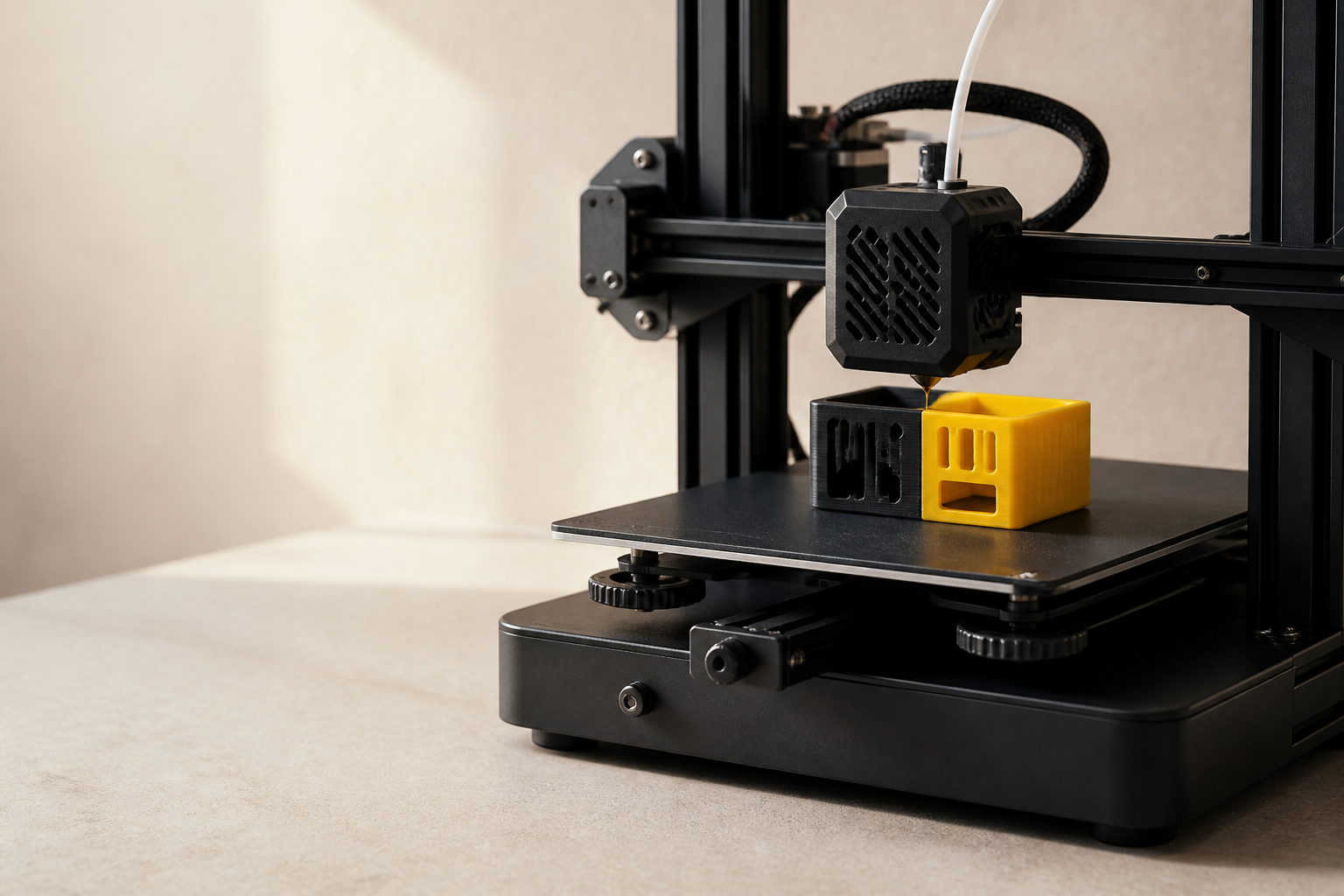 A desktop 3D printer producing a black and Kobee-yellow enclosure