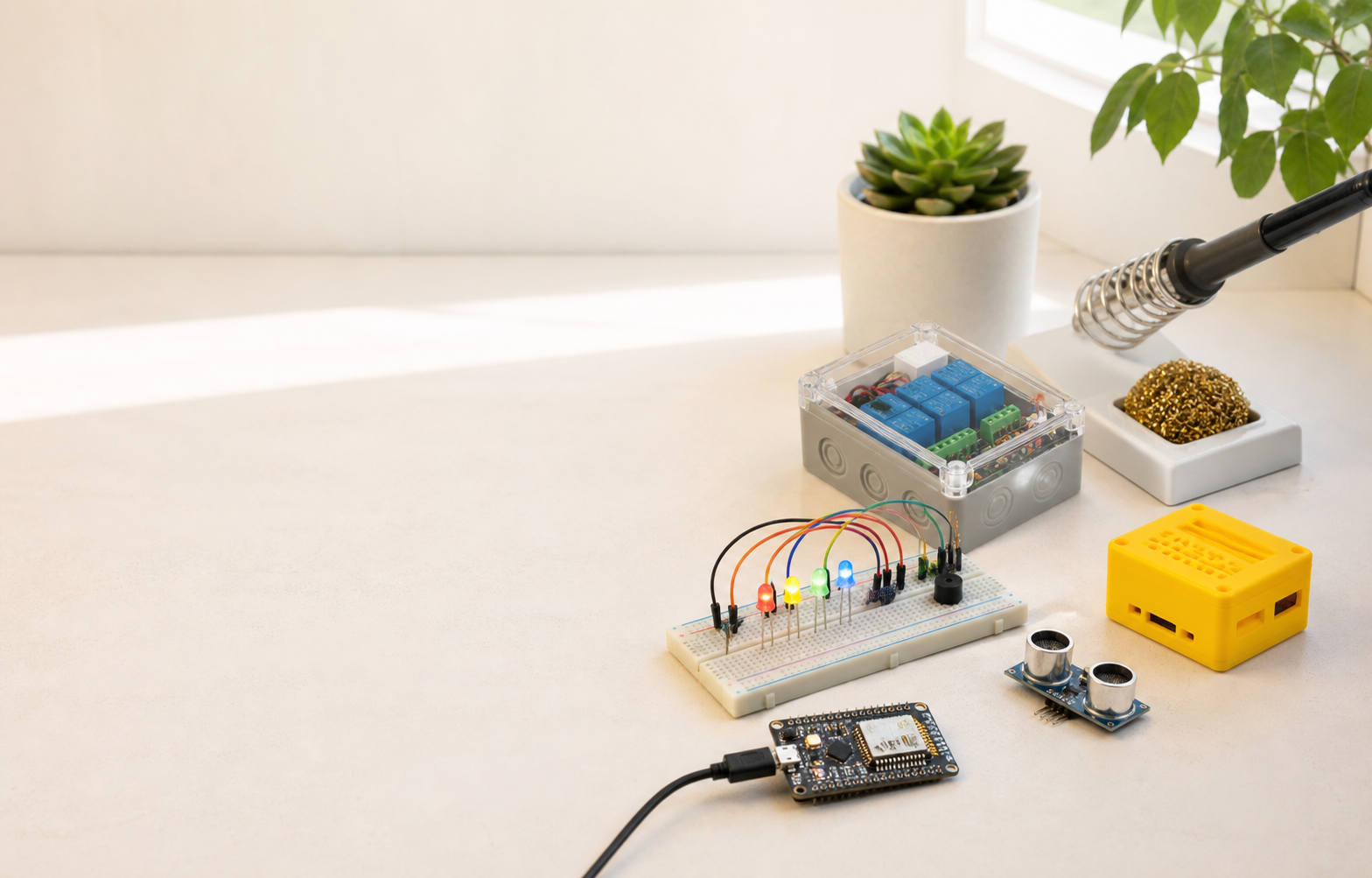 A bright maker workbench with electronics, sensors and project enclosures