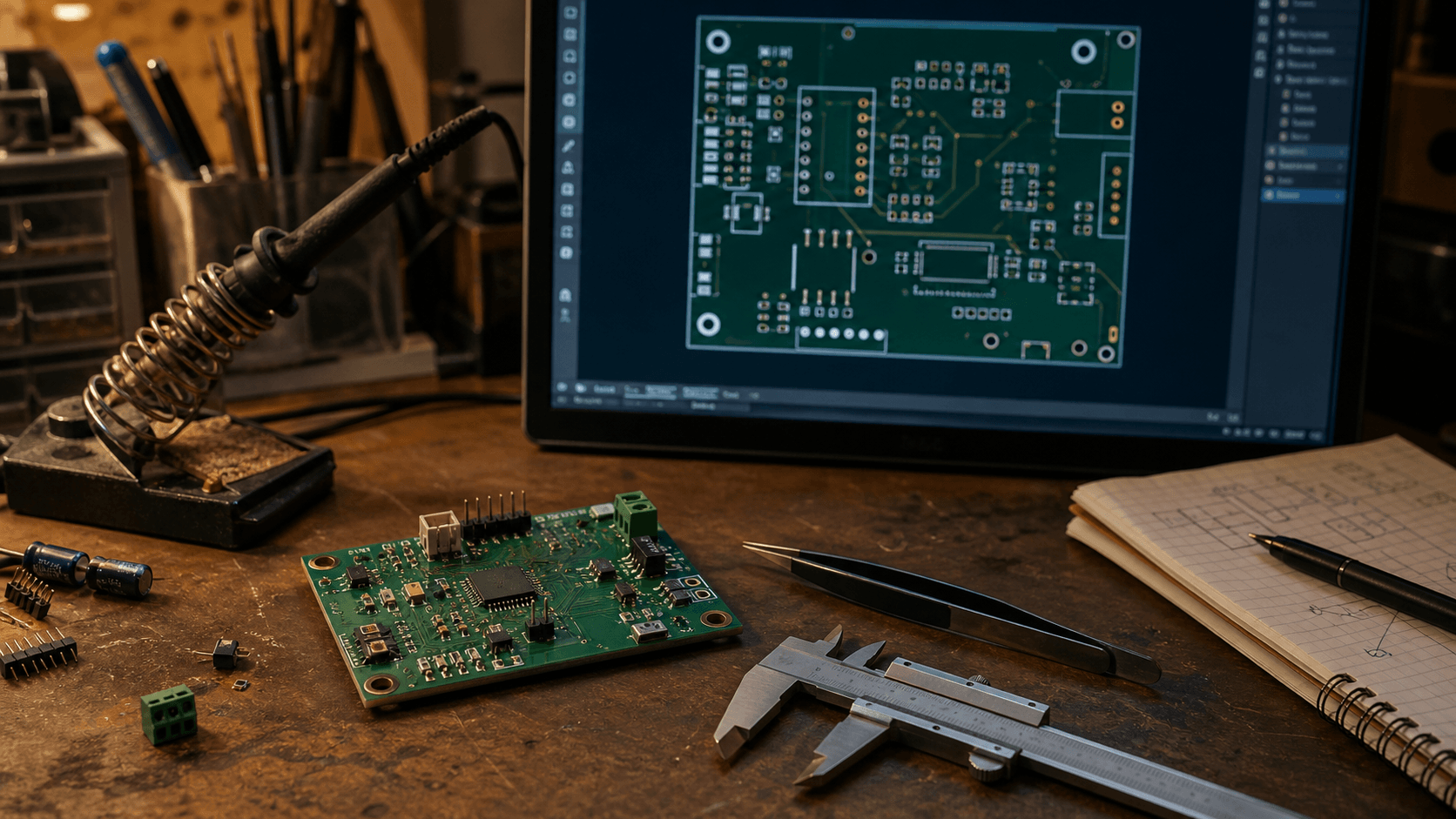 Kobee Studio PCB artwork being designed at a maker workbench