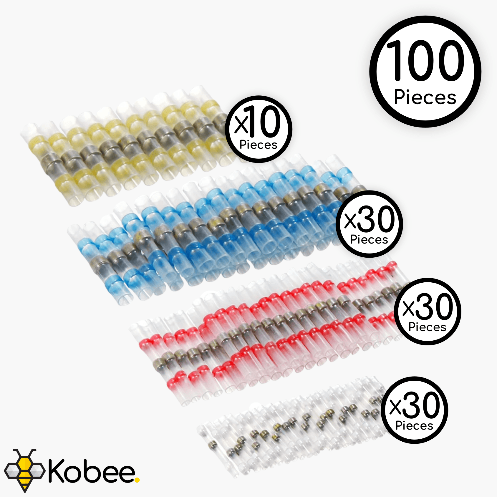 100 pack of colour-coded solder sleeve wire connectors in four wire sizes