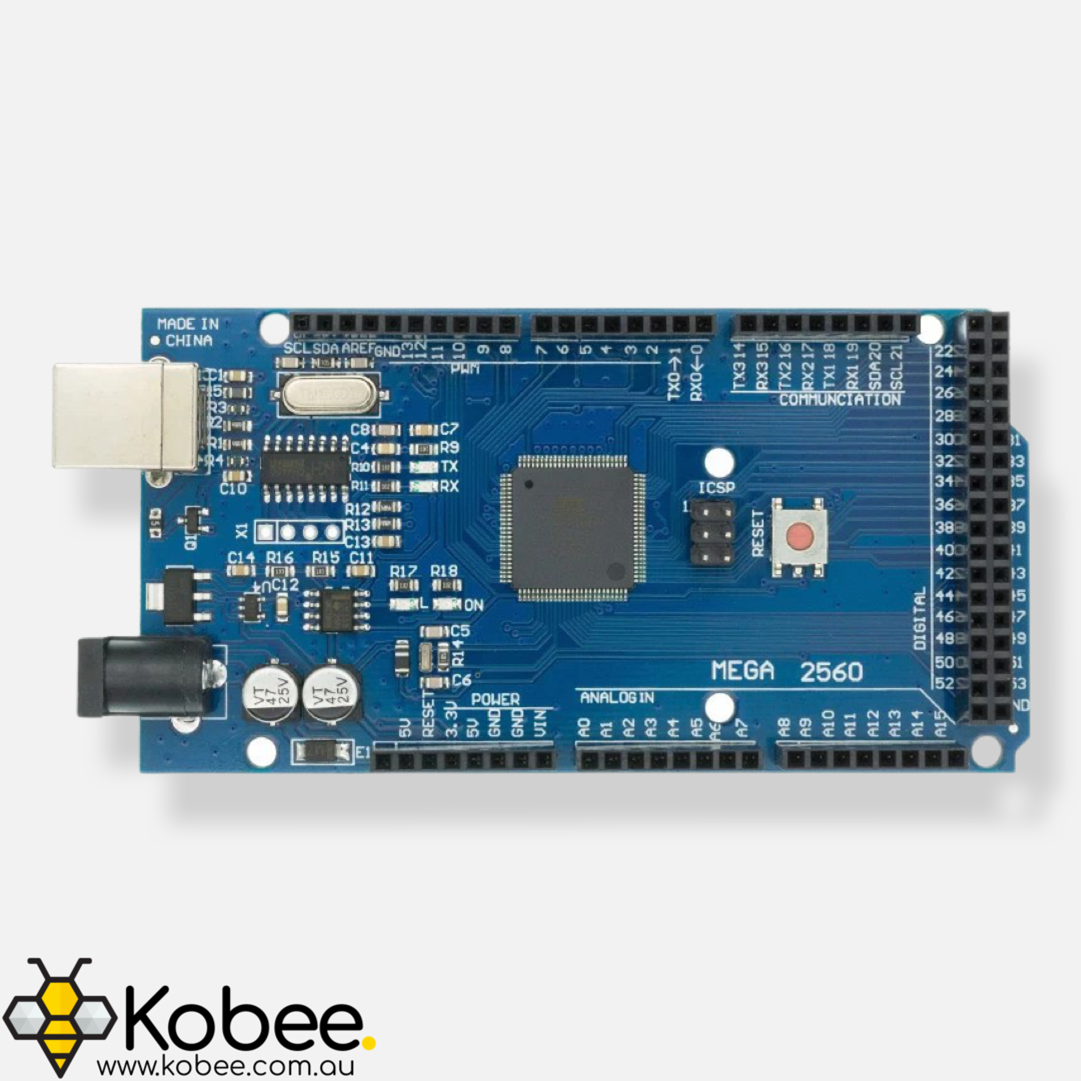 Arduino Mega 2560 board showing its digital, analogue and power connections